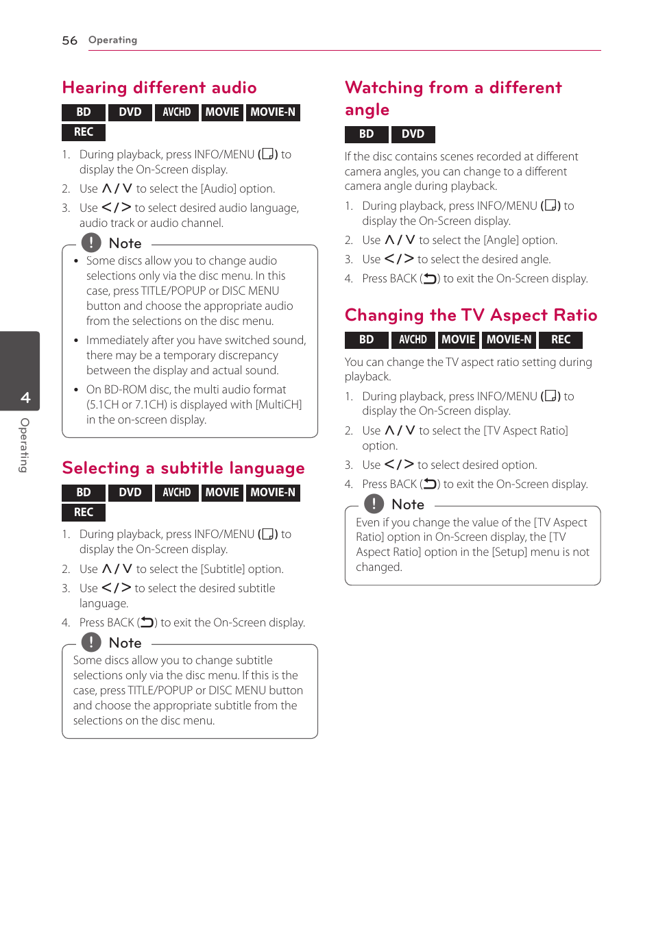 Hearing different audio, Selecting a subtitle language, Watching from a different angle | Changing the tv aspect ratio | LG HR925S User Manual | Page 56 / 94