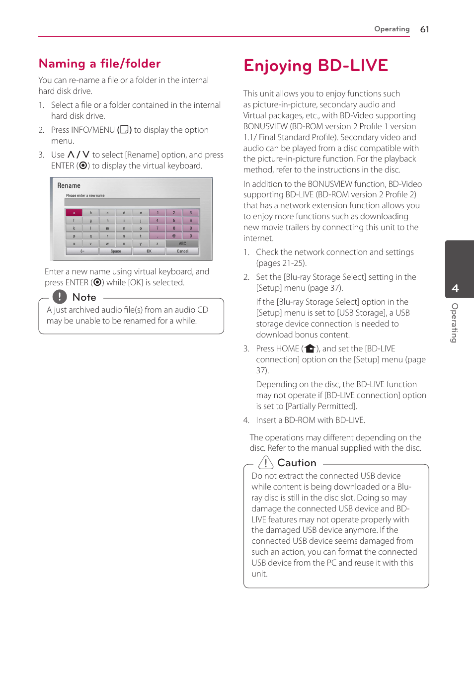 Naming a file/folder, Enjoying bd-live | LG HR925S User Manual | Page 61 / 94