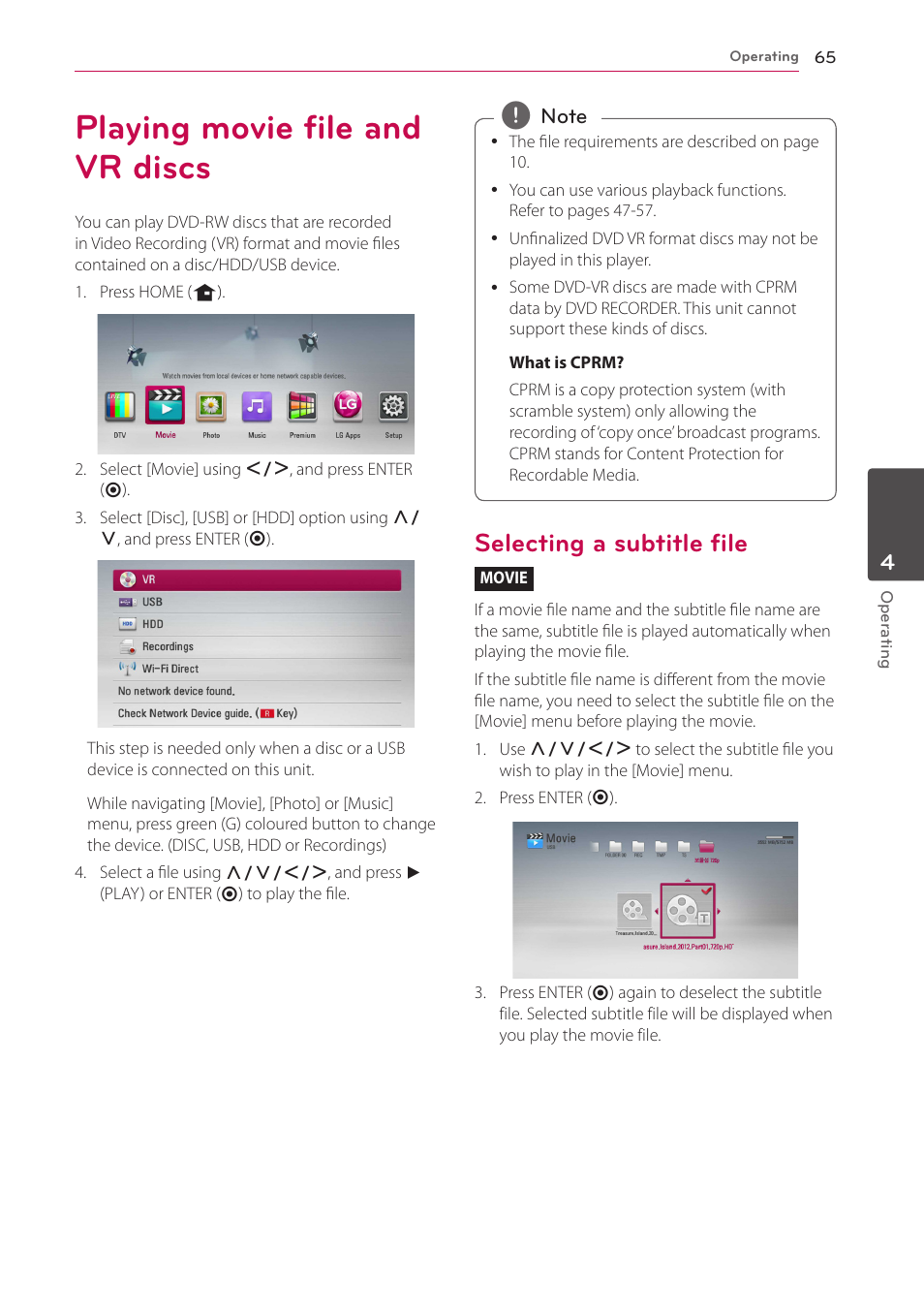 Playing movie file and vr discs, Selecting a subtitle file | LG HR925S User Manual | Page 65 / 94