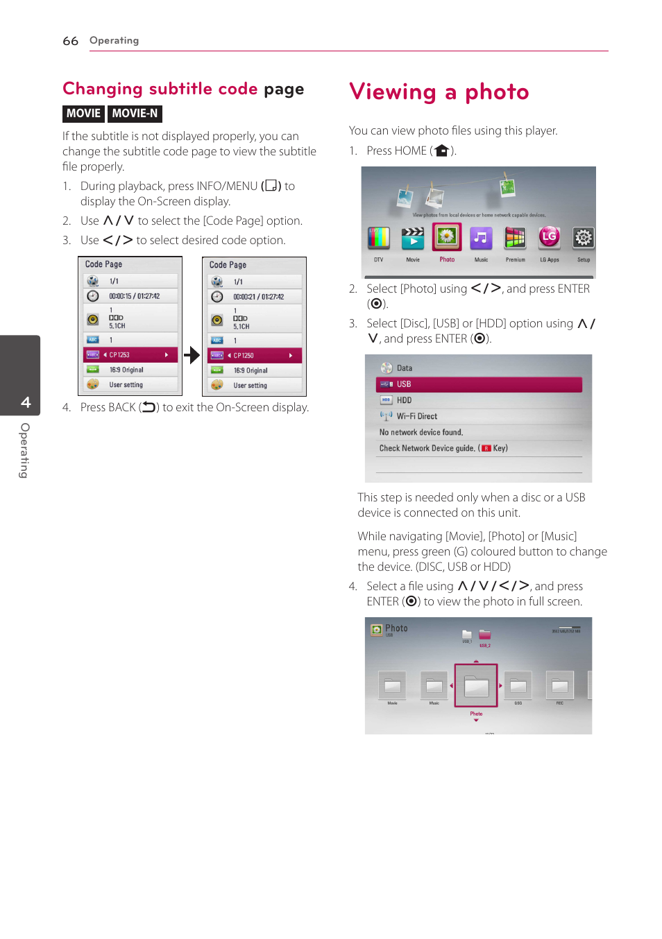 Viewing a photo, Changing subtitle code page | LG HR925S User Manual | Page 66 / 94