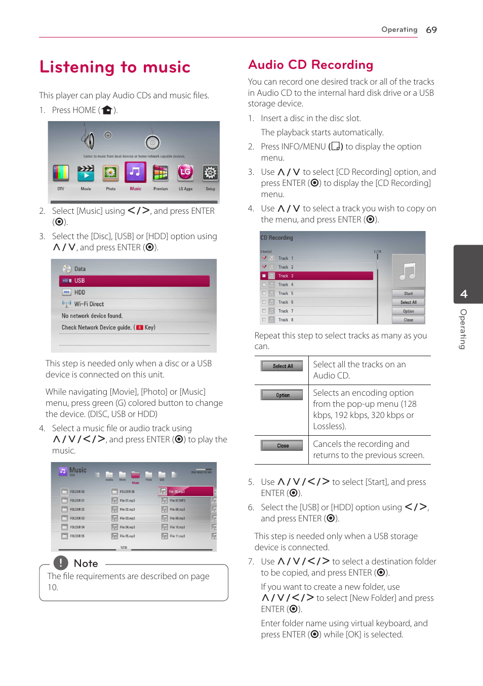 Listening to music, Audio cd recording, 69 listening to music 69 – audio cd recording | LG HR925S User Manual | Page 69 / 94