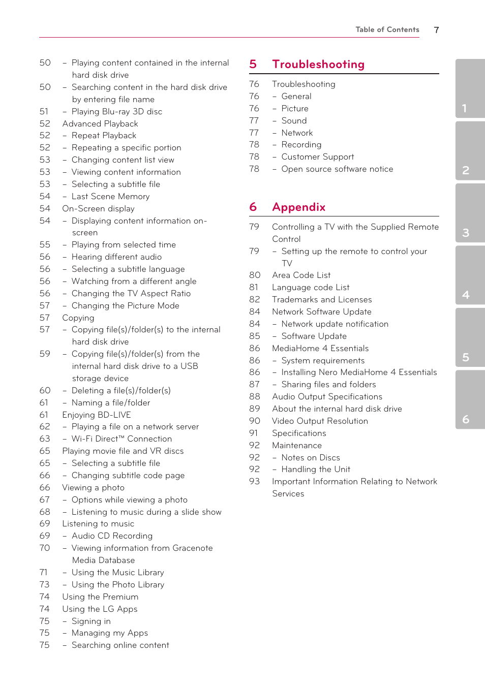 5 troubleshooting, 6 appendix | LG HR925S User Manual | Page 7 / 94