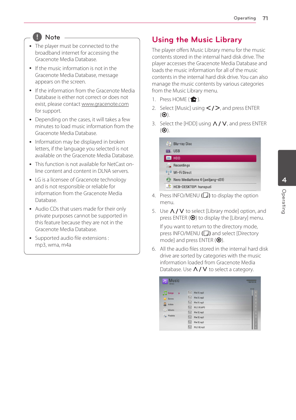 Using the music library | LG HR925S User Manual | Page 71 / 94