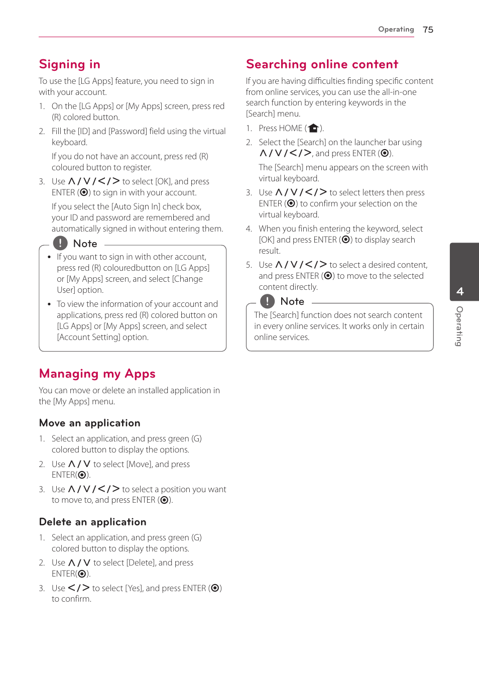 Signing in, Managing my apps, Searching online content | LG HR925S User Manual | Page 75 / 94