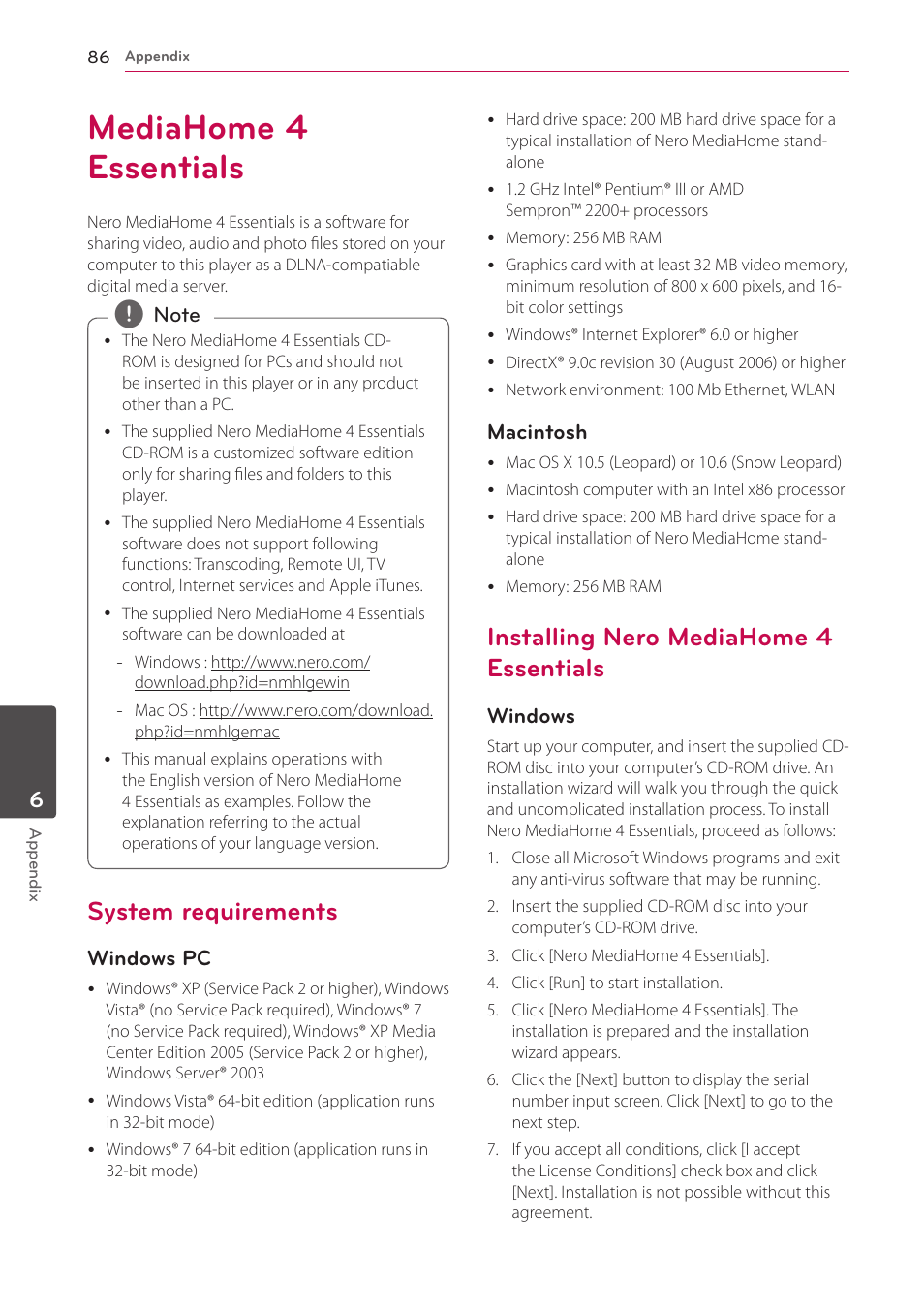 Mediahome 4 essentials, System requirements, Installing nero mediahome 4 essentials | LG HR925S User Manual | Page 86 / 94