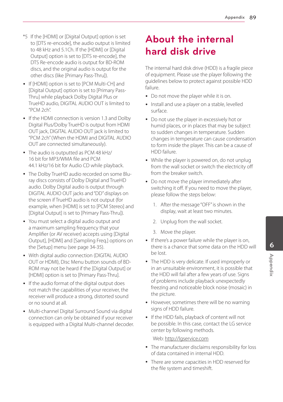 About the internal hard disk drive, 89 about the internal hard disk drive | LG HR925S User Manual | Page 89 / 94