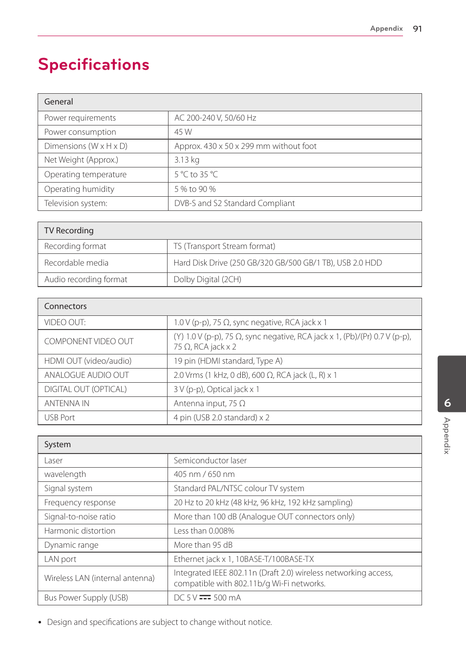 Specifications, 91 specifications | LG HR925S User Manual | Page 91 / 94