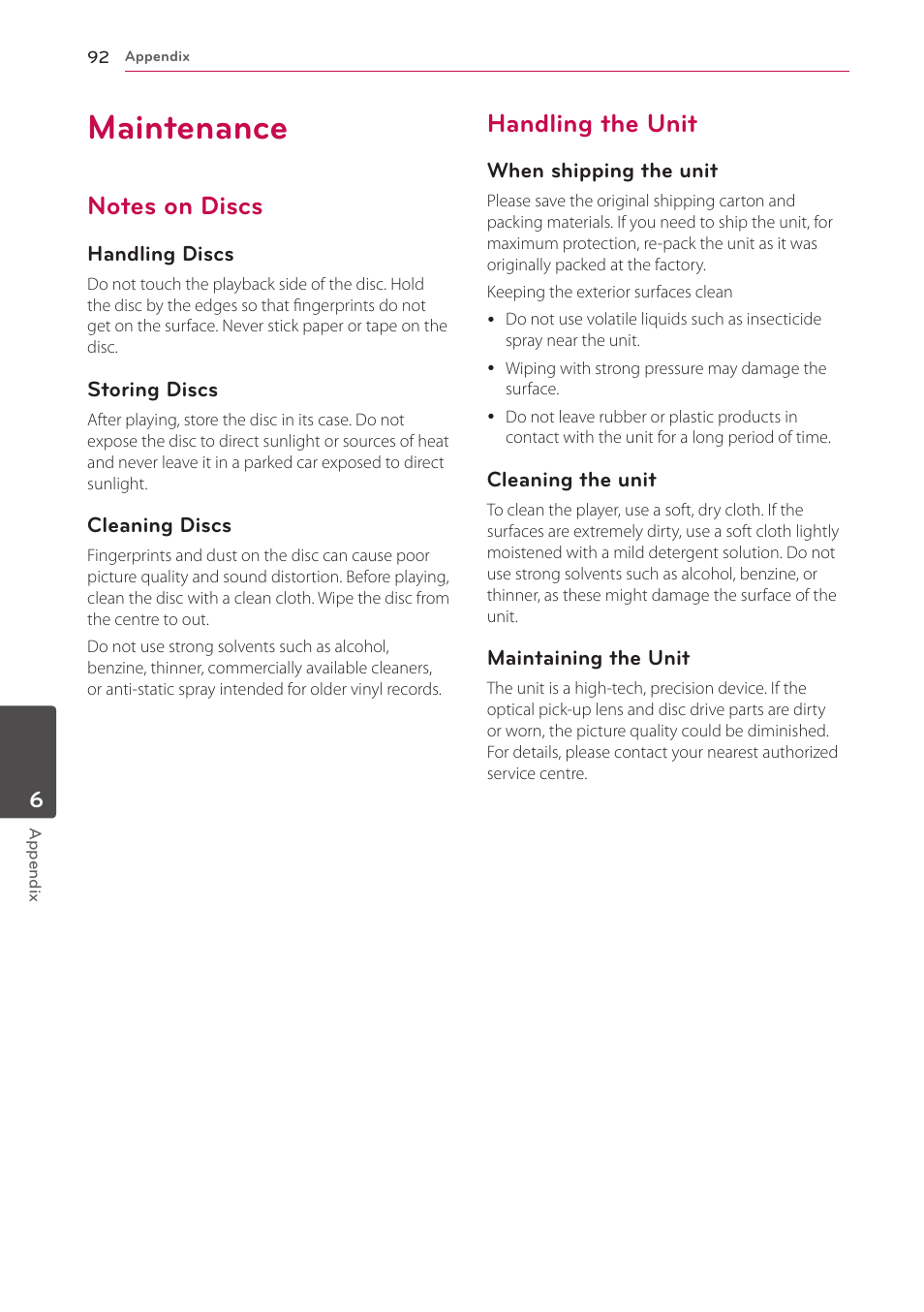 Maintenance, Notes on discs, Handling the unit | LG HR925S User Manual | Page 92 / 94