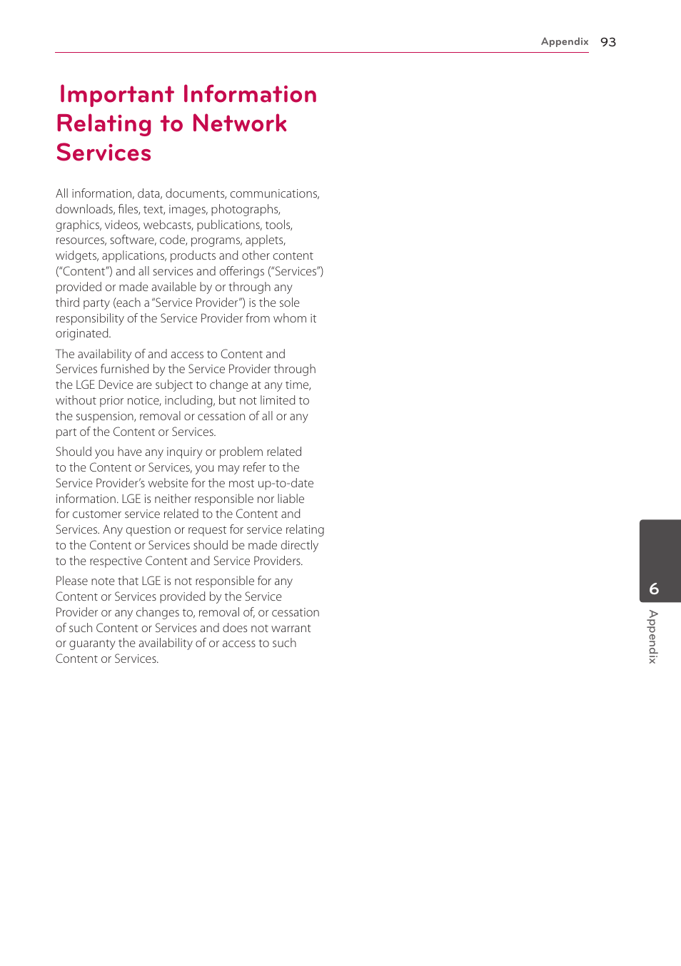 Important information relating to network services, 93 important information relating to network, Services | LG HR925S User Manual | Page 93 / 94