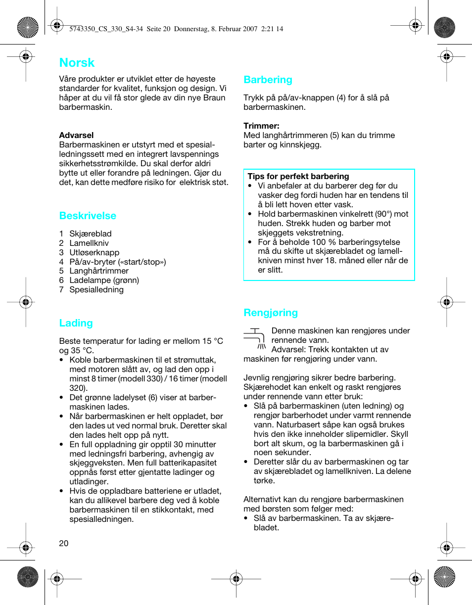 Norsk, Beskrivelse, Lading | Barbering, Rengjøring | Braun 320-5744 Series 3 User Manual | Page 20 / 33