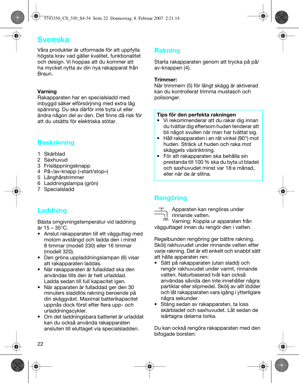 Svenska, Beskrivning, Laddning | Rakning, Rengöring | Braun 320-5744 Series 3 User Manual | Page 22 / 33