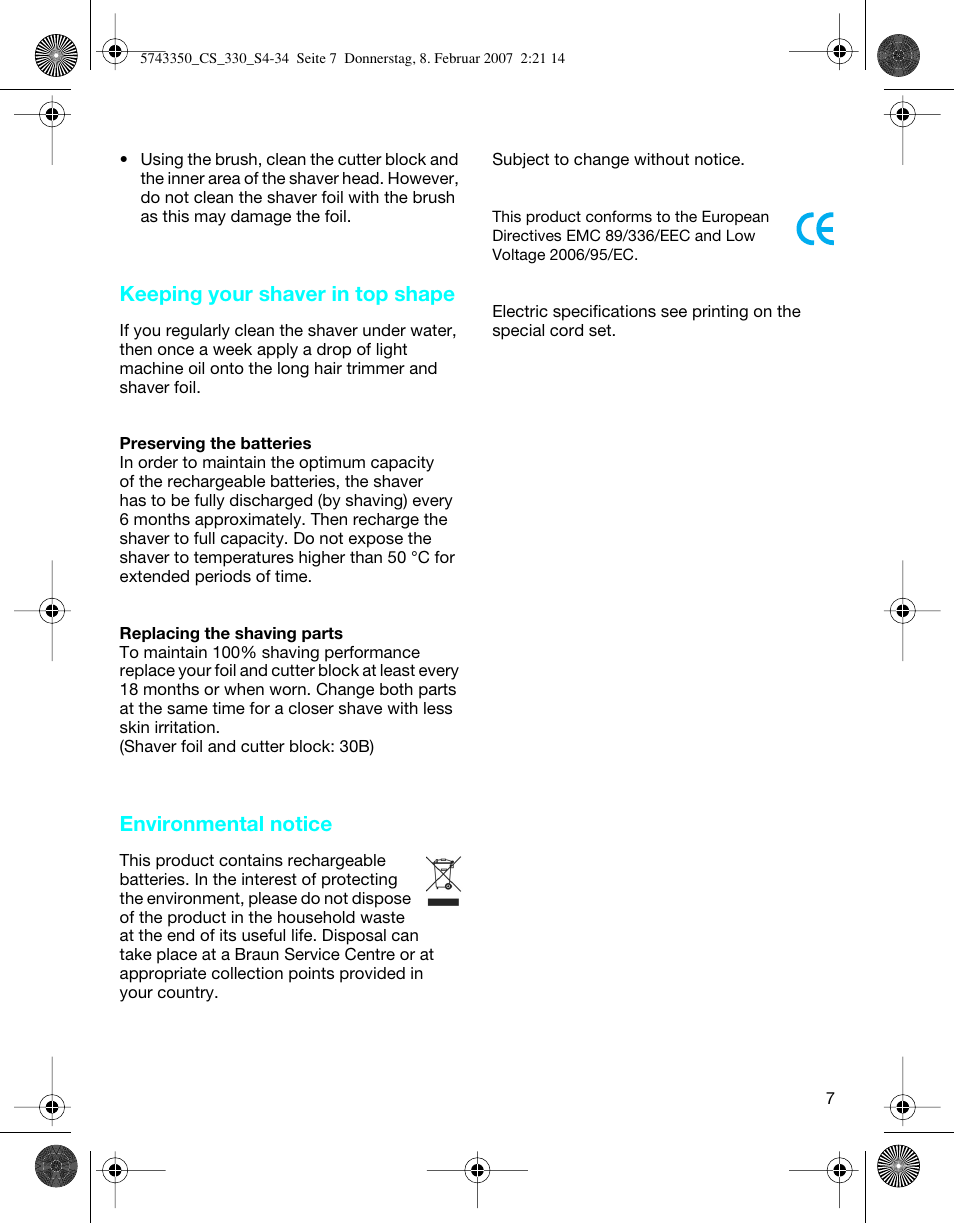 Keeping your shaver in top shape, Environmental notice | Braun 320-5744 Series 3 User Manual | Page 7 / 33