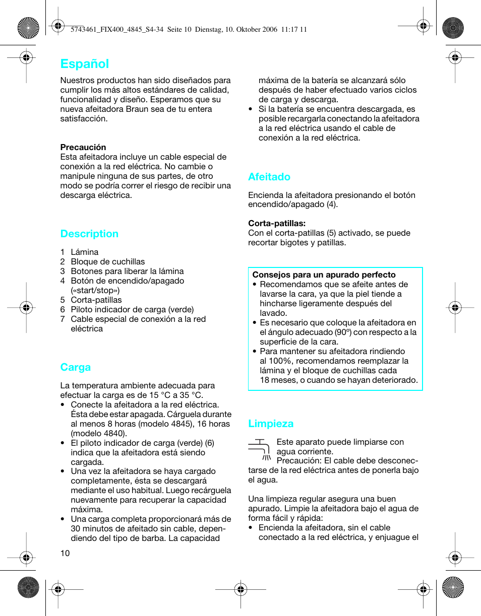 Español, Description, Carga | Afeitado, Limpieza | Braun 4840 SmartControl3 User Manual | Page 10 / 33