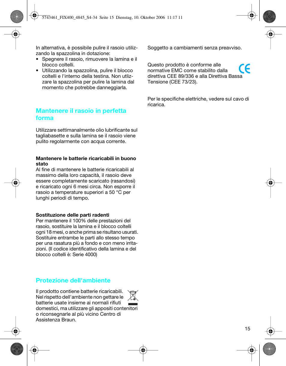 Mantenere il rasoio in perfetta forma, Protezione dell'ambiente | Braun 4840 SmartControl3 User Manual | Page 15 / 33