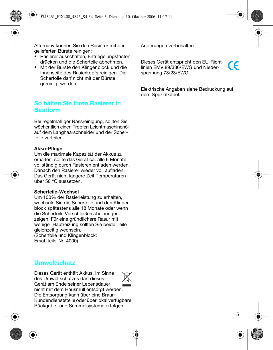 So halten sie ihren rasierer in bestform, Umweltschutz | Braun 4840 SmartControl3 User Manual | Page 5 / 33