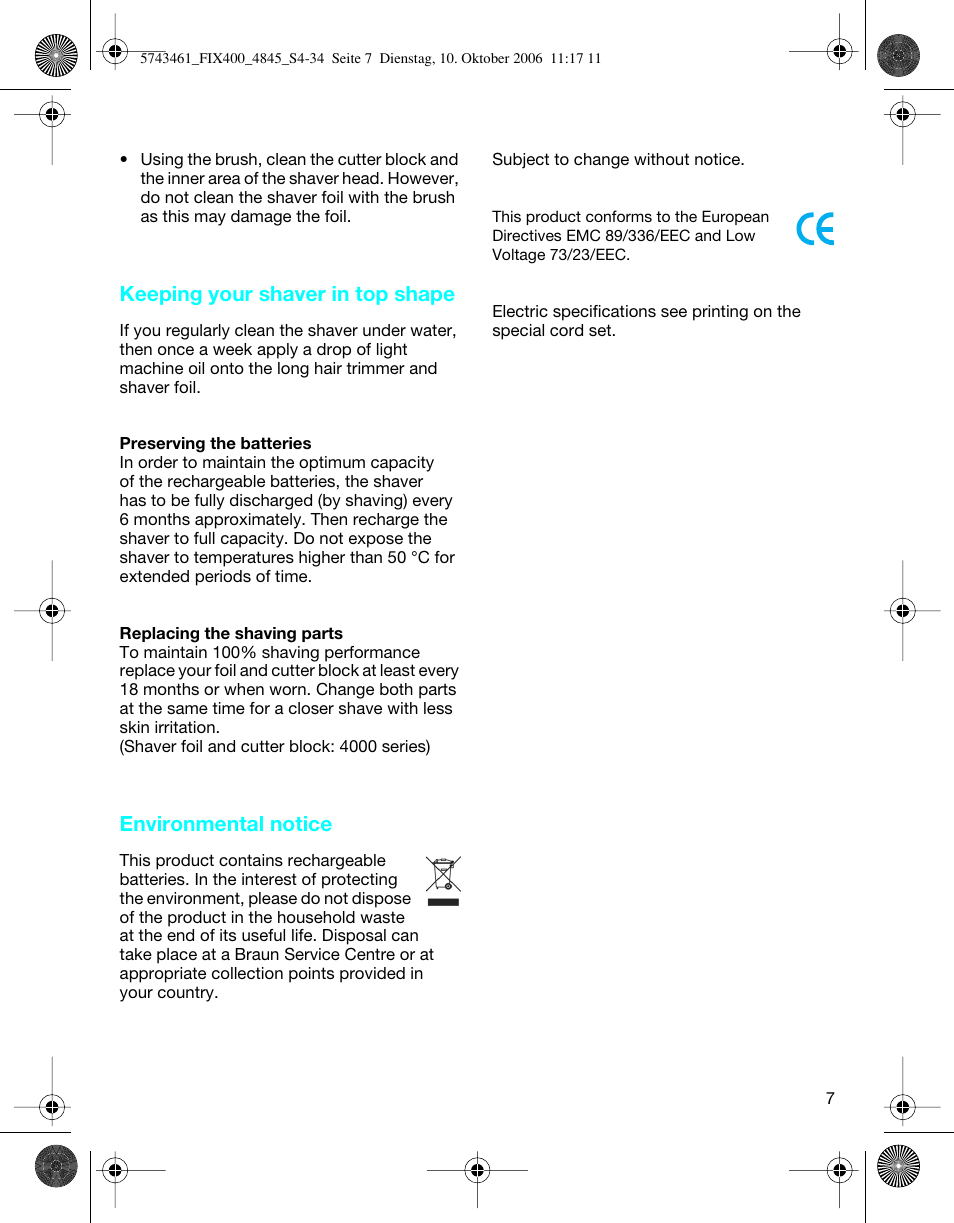Keeping your shaver in top shape, Environmental notice | Braun 4840 SmartControl3 User Manual | Page 7 / 33