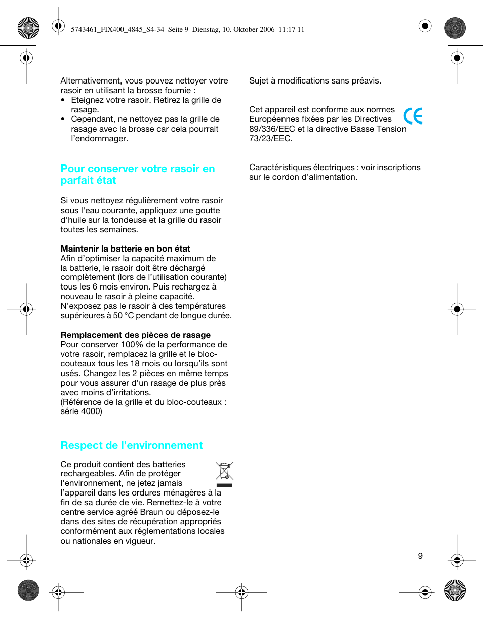 Pour conserver votre rasoir en parfait état, Respect de l’environnement | Braun 4840 SmartControl3 User Manual | Page 9 / 33
