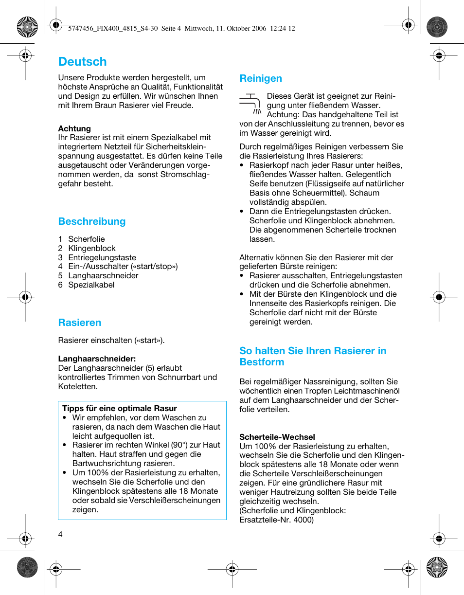 Deutsch, Beschreibung, Rasieren | Reinigen, So halten sie ihren rasierer in bestform | Braun 4815 SmartControl3  EU User Manual | Page 4 / 29