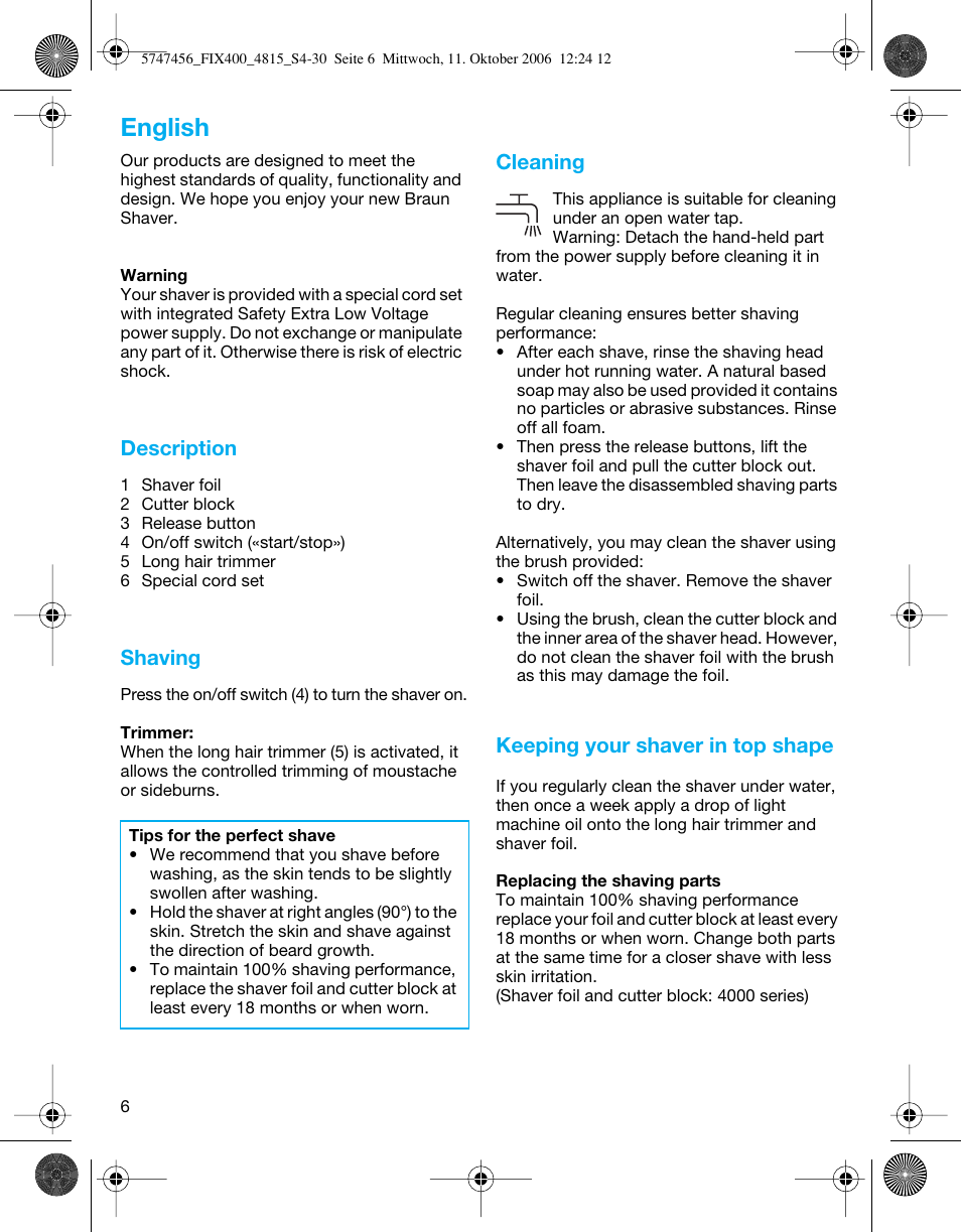 English, Description, Shaving | Cleaning, Keeping your shaver in top shape | Braun 4815 SmartControl3  EU User Manual | Page 6 / 29