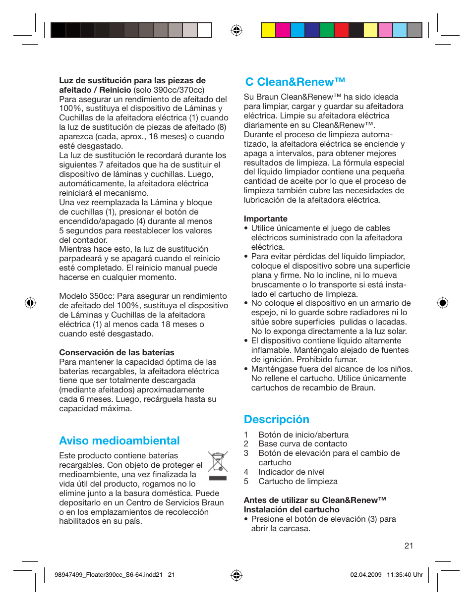 Aviso medioambiental, C clean&renew, Descripción | Braun 390cc-5772 Series 3 EU User Manual | Page 21 / 64