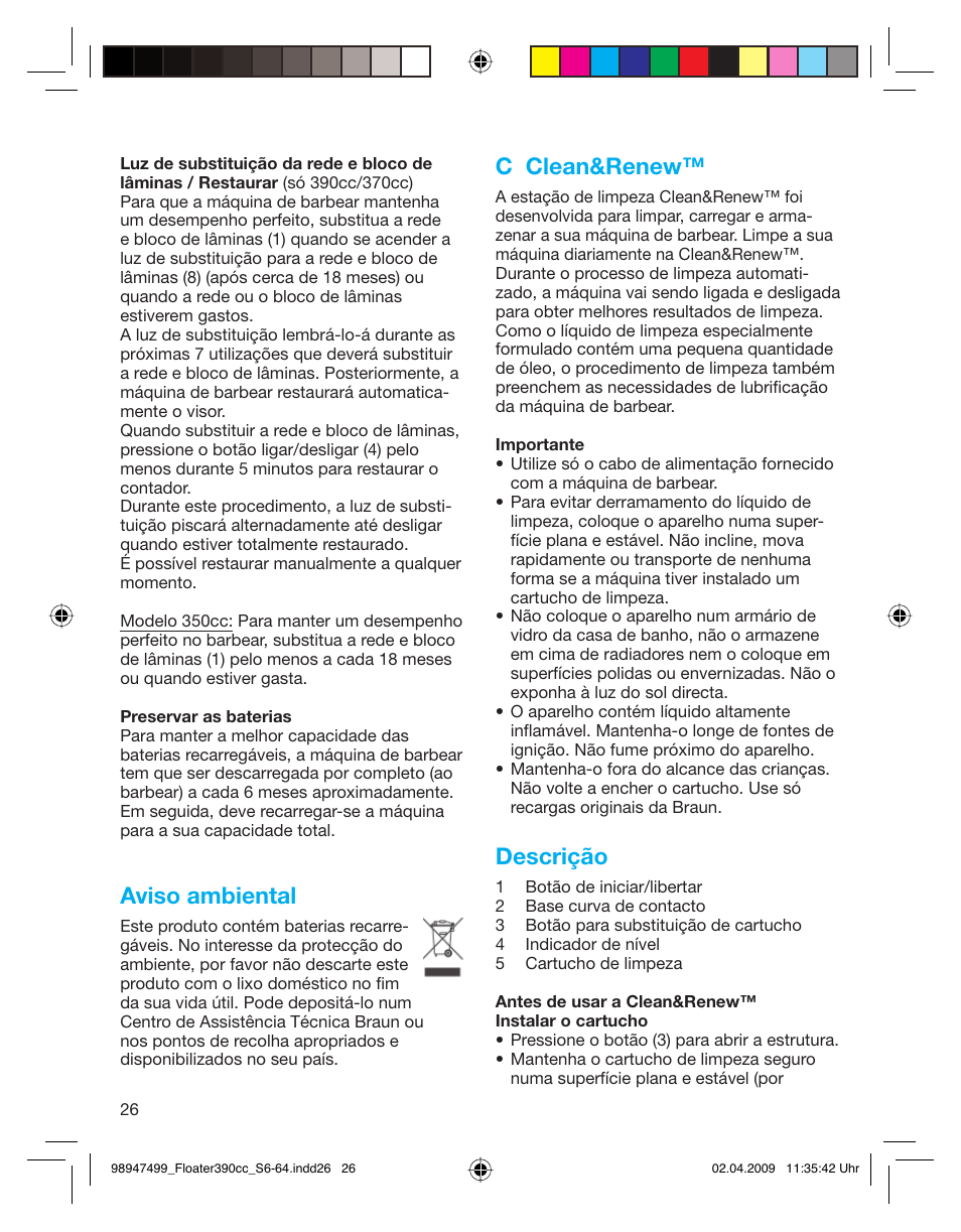 Aviso ambiental, C clean&renew, Descrição | Braun 390cc-5772 Series 3 EU User Manual | Page 26 / 64