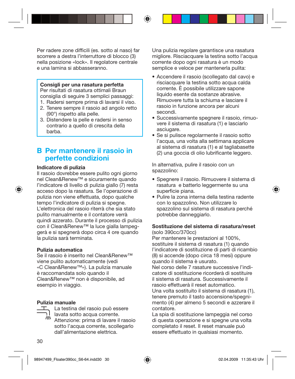 B per mantenere il rasoio in perfette condizioni | Braun 390cc-5772 Series 3 EU User Manual | Page 30 / 64