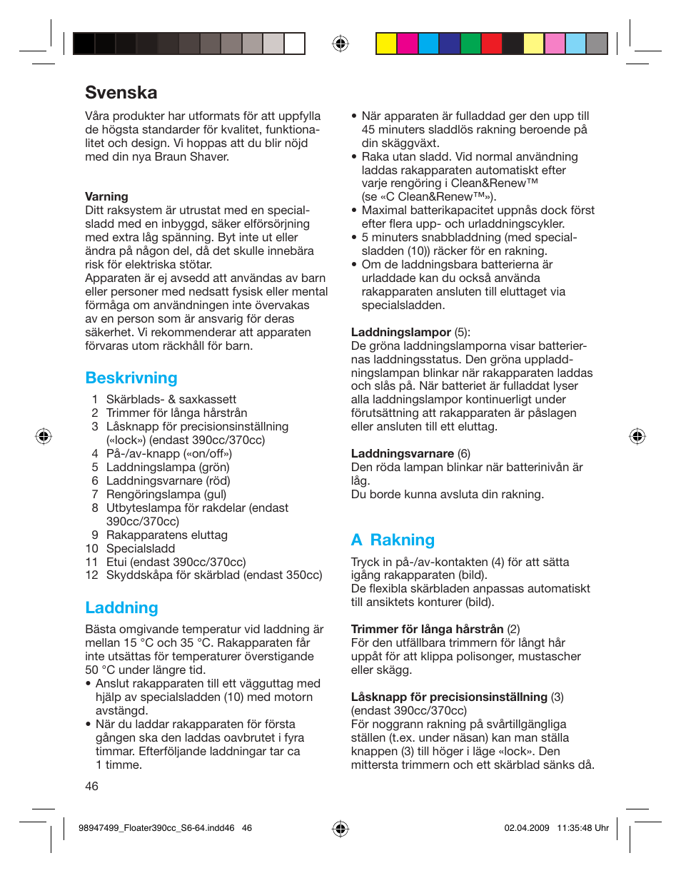 Svenska, Beskrivning, Laddning | A rakning | Braun 390cc-5772 Series 3 EU User Manual | Page 46 / 64
