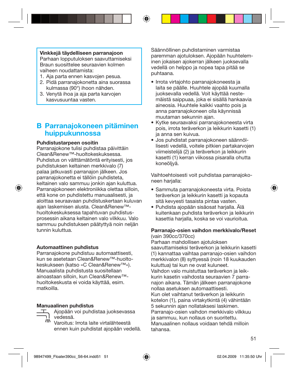 B parranajokoneen pitäminen huippukunnossa | Braun 390cc-5772 Series 3 EU User Manual | Page 51 / 64