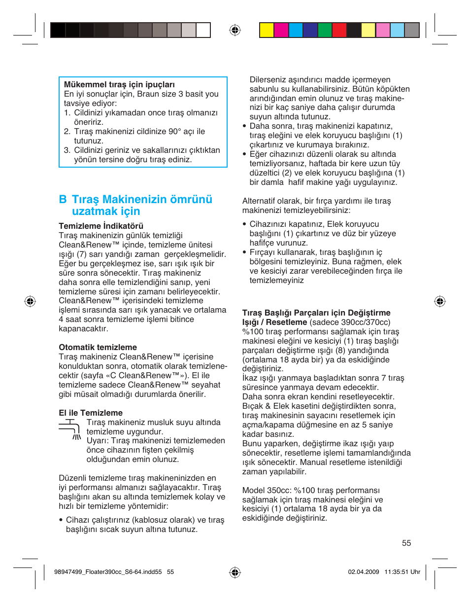 B tıraş makinenizin ömrünü uzatmak için | Braun 390cc-5772 Series 3 EU User Manual | Page 55 / 64