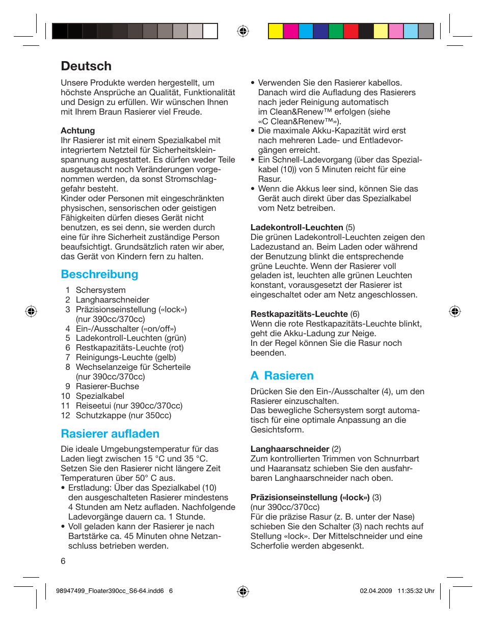 Deutsch, Beschreibung, Rasierer aufladen | A rasieren | Braun 390cc-5772 Series 3 EU User Manual | Page 6 / 64