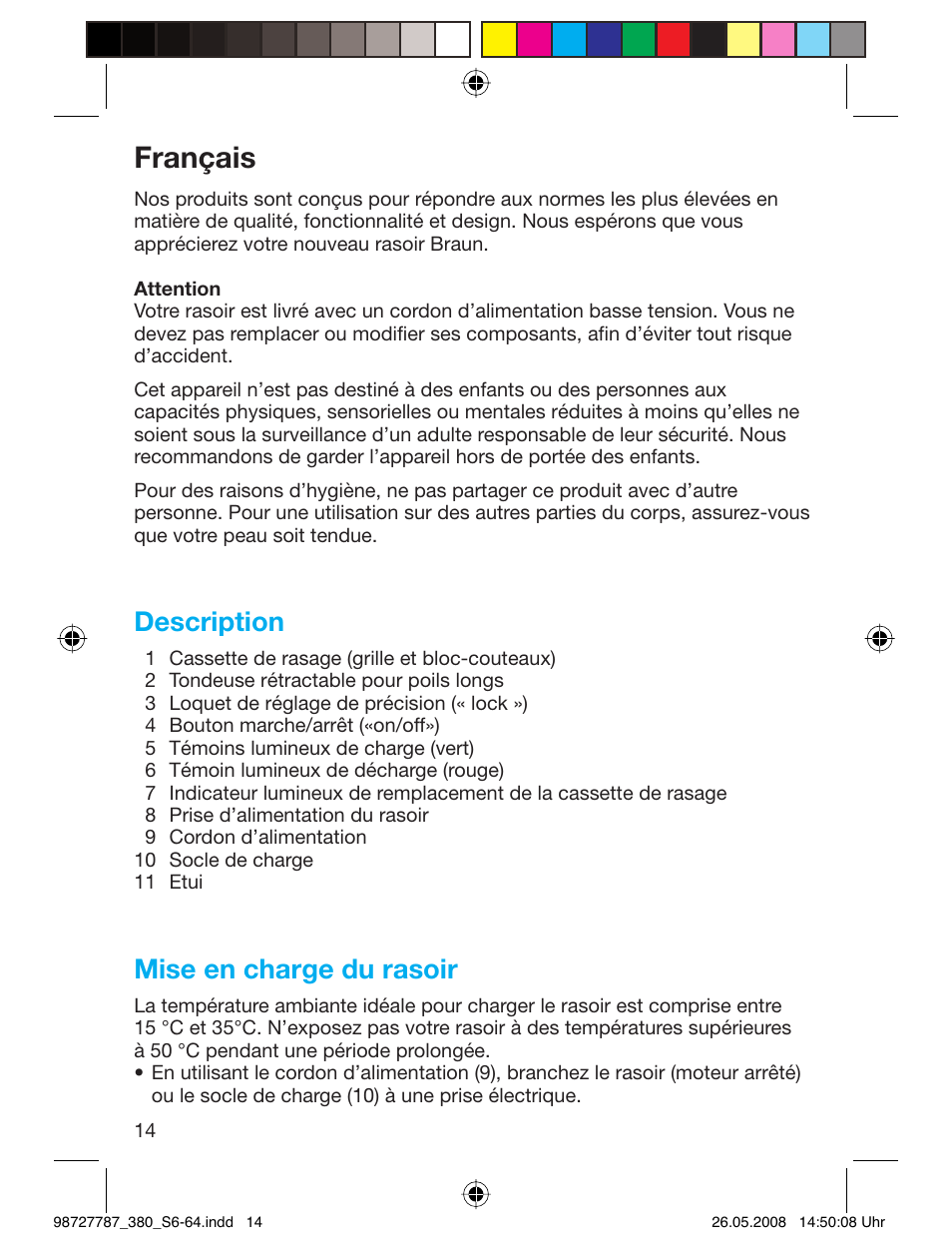 Français, Description, Mise en charge du rasoir | Braun 380-5773 Series 3 User Manual | Page 13 / 61
