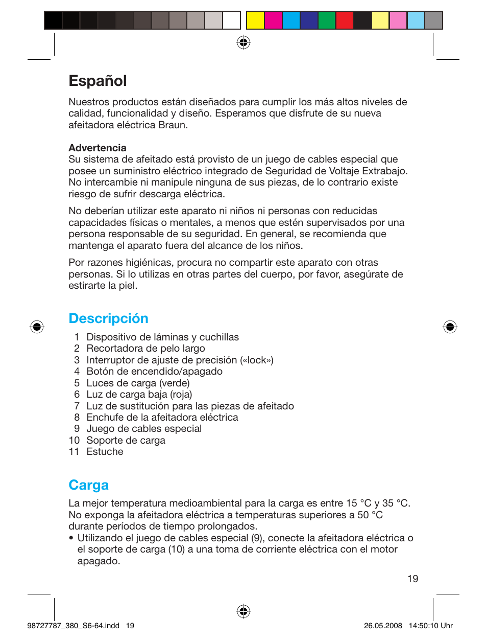 Español, Descripción, Carga | Braun 380-5773 Series 3 User Manual | Page 18 / 61