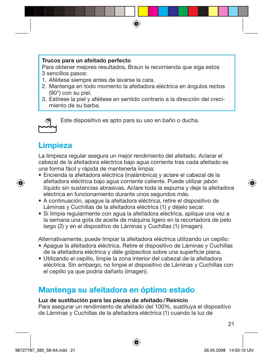 Limpieza, Mantenga su afeitadora en óptimo estado | Braun 380-5773 Series 3 User Manual | Page 20 / 61