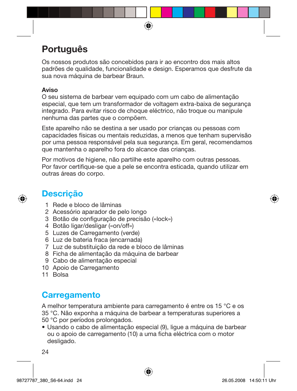 Português, Descrição, Carregamento | Braun 380-5773 Series 3 User Manual | Page 23 / 61