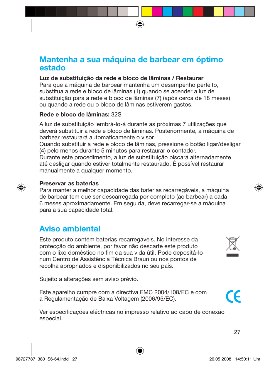 Mantenha a sua máquina de barbear em óptimo estado, Aviso ambiental | Braun 380-5773 Series 3 User Manual | Page 26 / 61