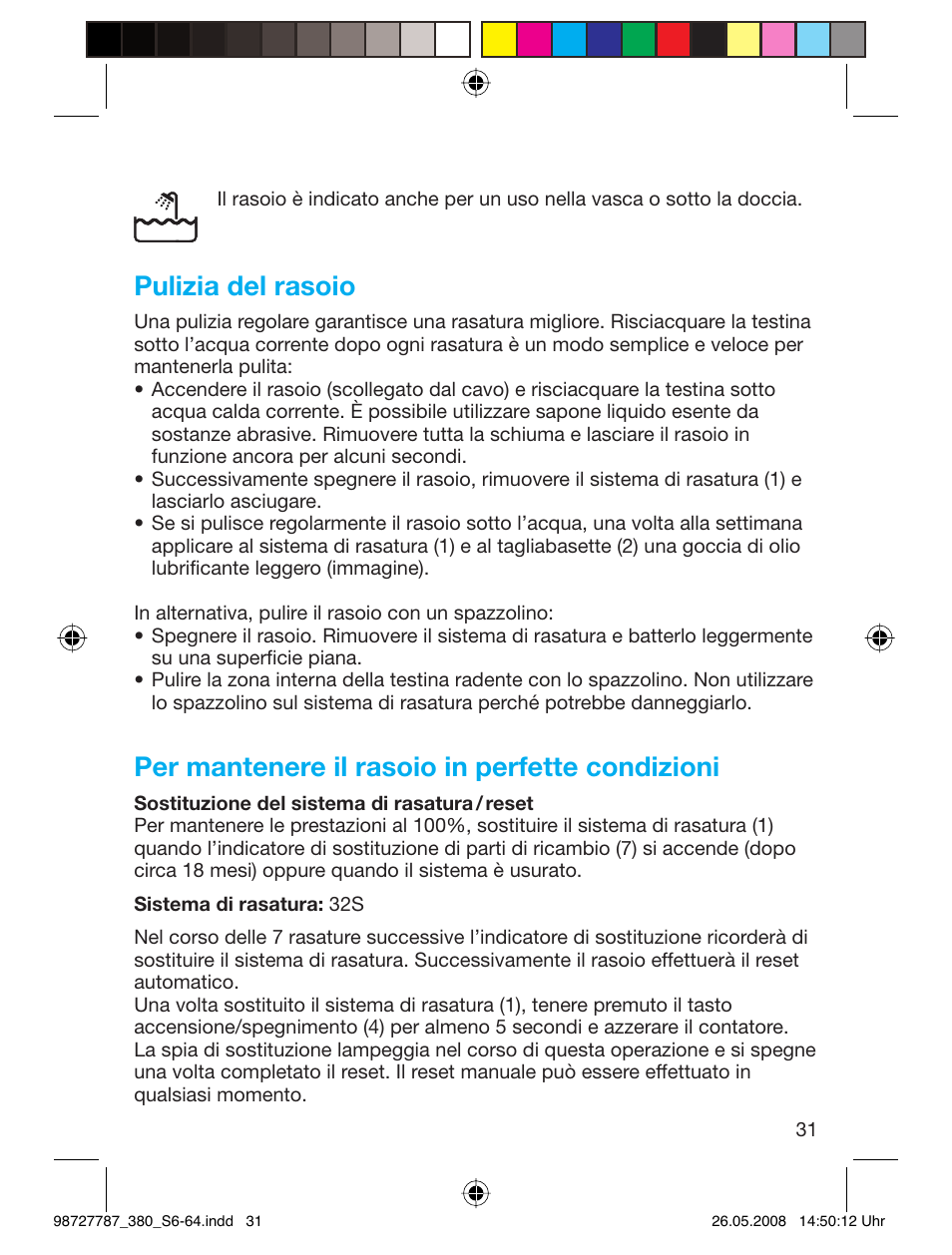 Pulizia del rasoio, Per mantenere il rasoio in perfette condizioni | Braun 380-5773 Series 3 User Manual | Page 30 / 61