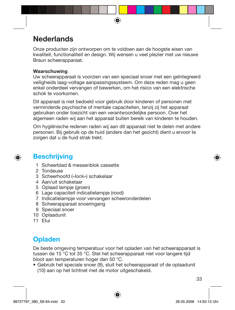 Nederlands, Beschrijving, Opladen | Braun 380-5773 Series 3 User Manual | Page 32 / 61