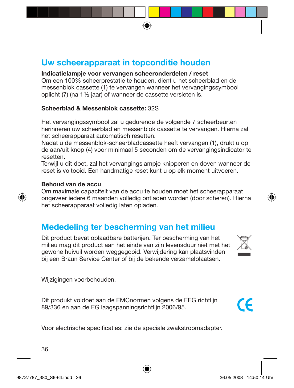 Uw scheerapparaat in topconditie houden, Mededeling ter bescherming van het milieu | Braun 380-5773 Series 3 User Manual | Page 35 / 61