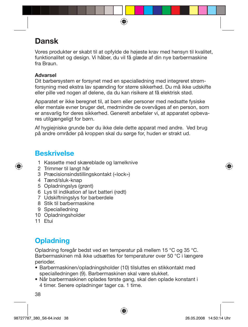 Dansk, Beskrivelse, Opladning | Braun 380-5773 Series 3 User Manual | Page 37 / 61