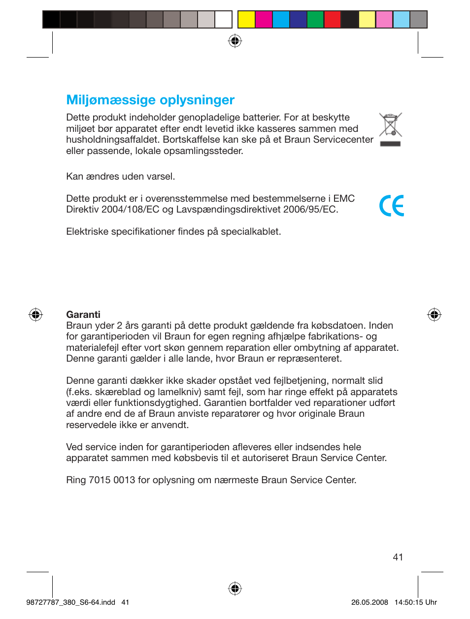 Miljømæssige oplysninger | Braun 380-5773 Series 3 User Manual | Page 40 / 61