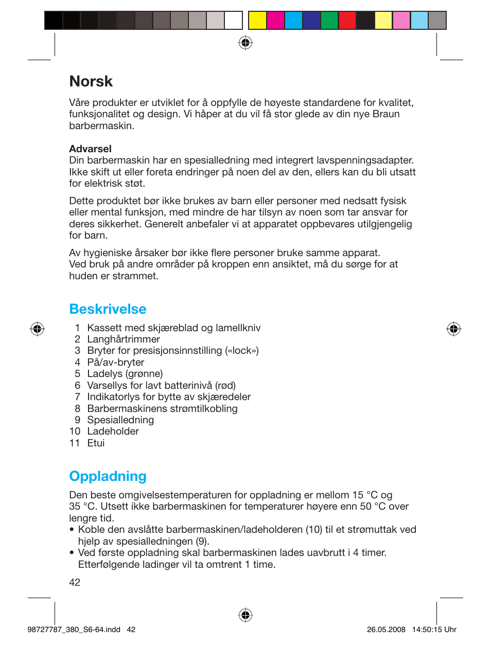 Norsk, Beskrivelse, Oppladning | Braun 380-5773 Series 3 User Manual | Page 41 / 61