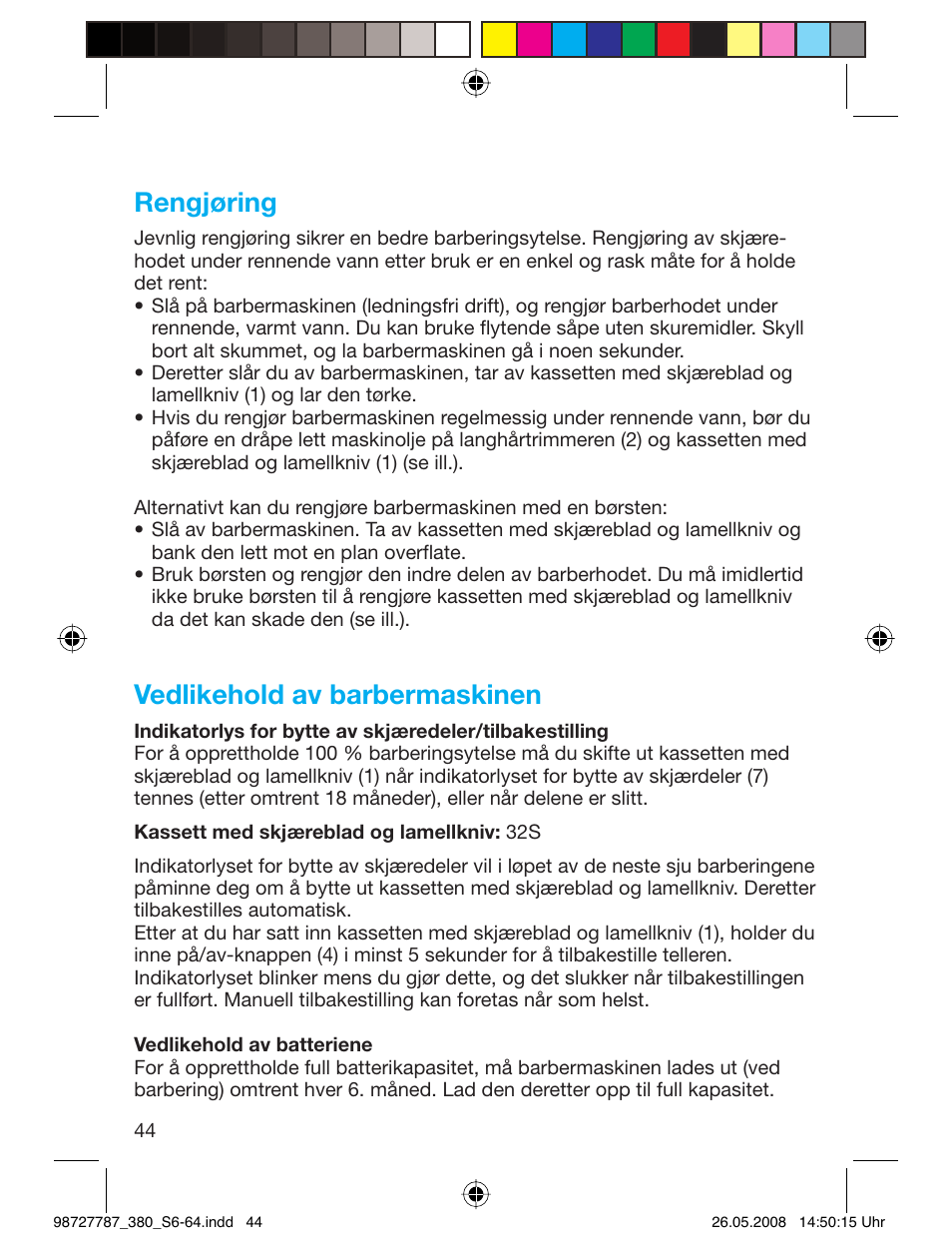 Rengjøring, Vedlikehold av barbermaskinen | Braun 380-5773 Series 3 User Manual | Page 43 / 61