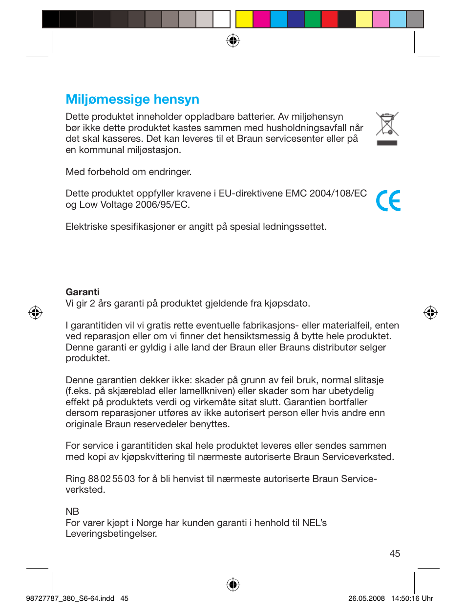 Miljømessige hensyn | Braun 380-5773 Series 3 User Manual | Page 44 / 61