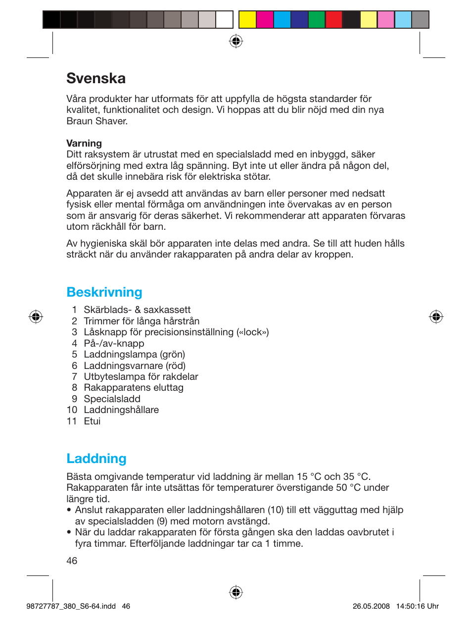 Svenska, Beskrivning, Laddning | Braun 380-5773 Series 3 User Manual | Page 45 / 61
