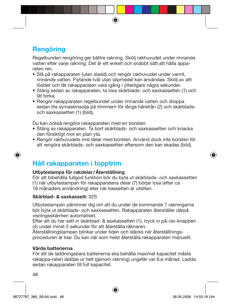 Rengöring, Håll rakapparaten i topptrim | Braun 380-5773 Series 3 User Manual | Page 47 / 61