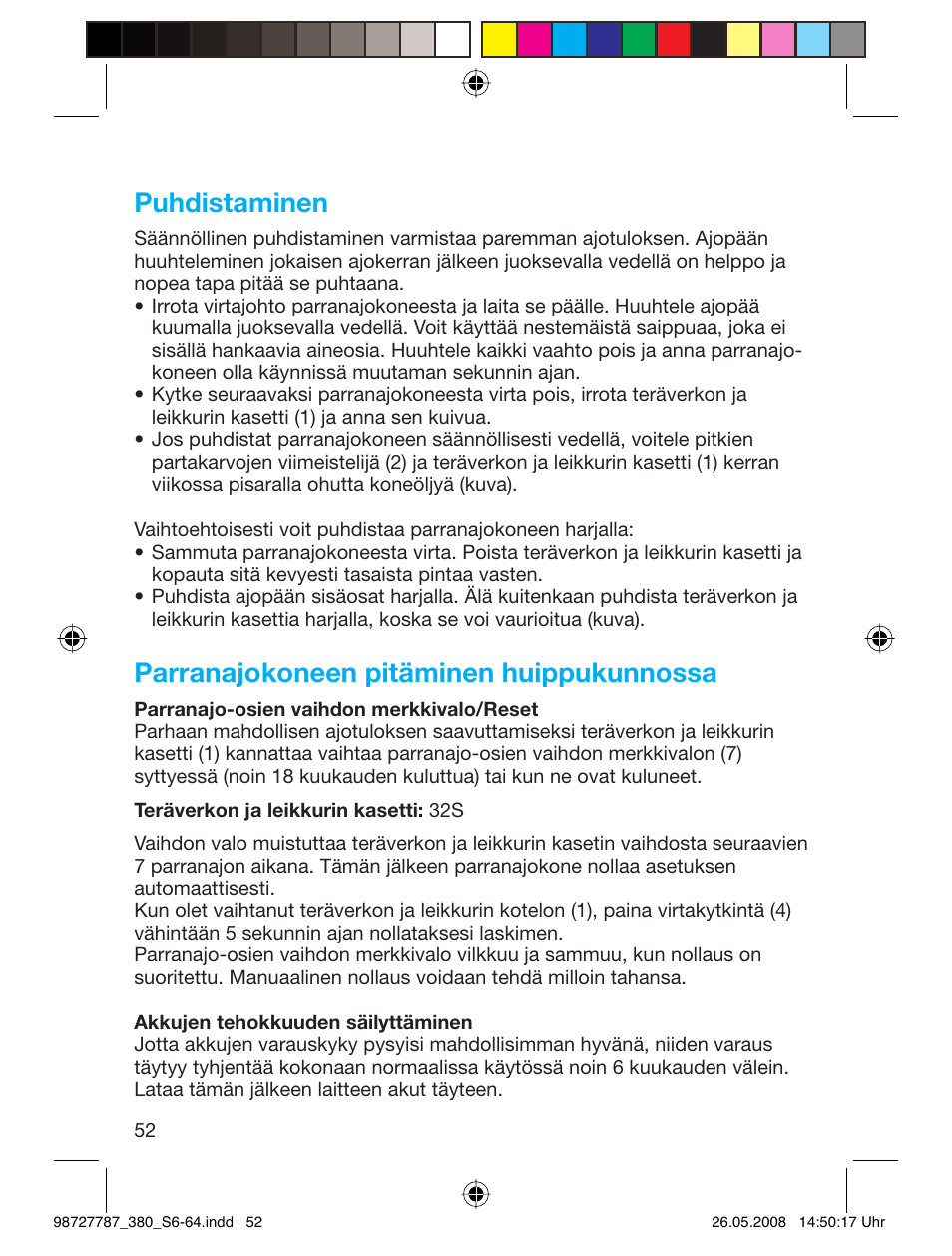 Puhdistaminen, Parranajokoneen pitäminen huippukunnossa | Braun 380-5773 Series 3 User Manual | Page 51 / 61