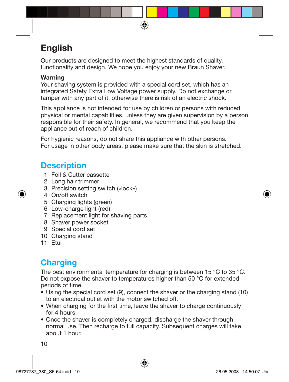 English, Description, Charging | Braun 380-5773 Series 3 User Manual | Page 9 / 61