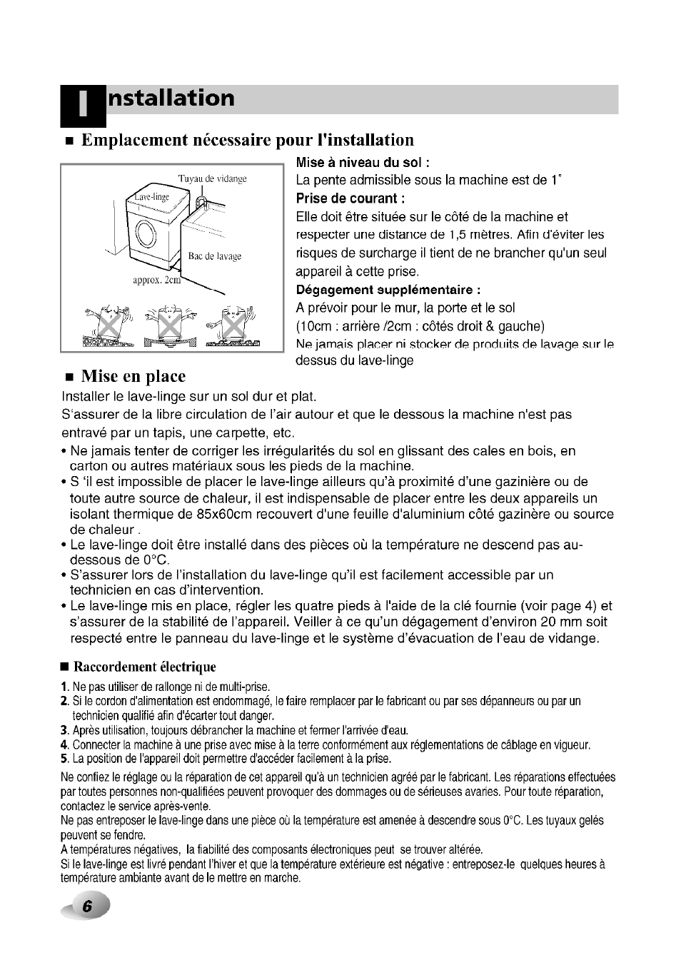 Emplacement nécessaire pour l'installation, Mise en place, Nstallation | Raccordement électrique | LG F1492QD1 User Manual | Page 100 / 158