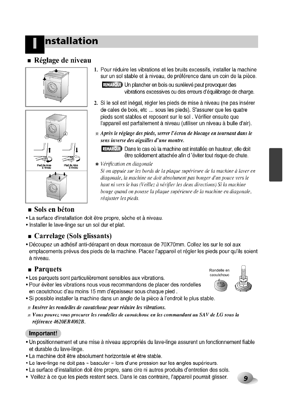 Réglage de niveau, Sols en béton, Carrelage (sols glissants) | Parquets, Nstallation | LG F1492QD1 User Manual | Page 103 / 158