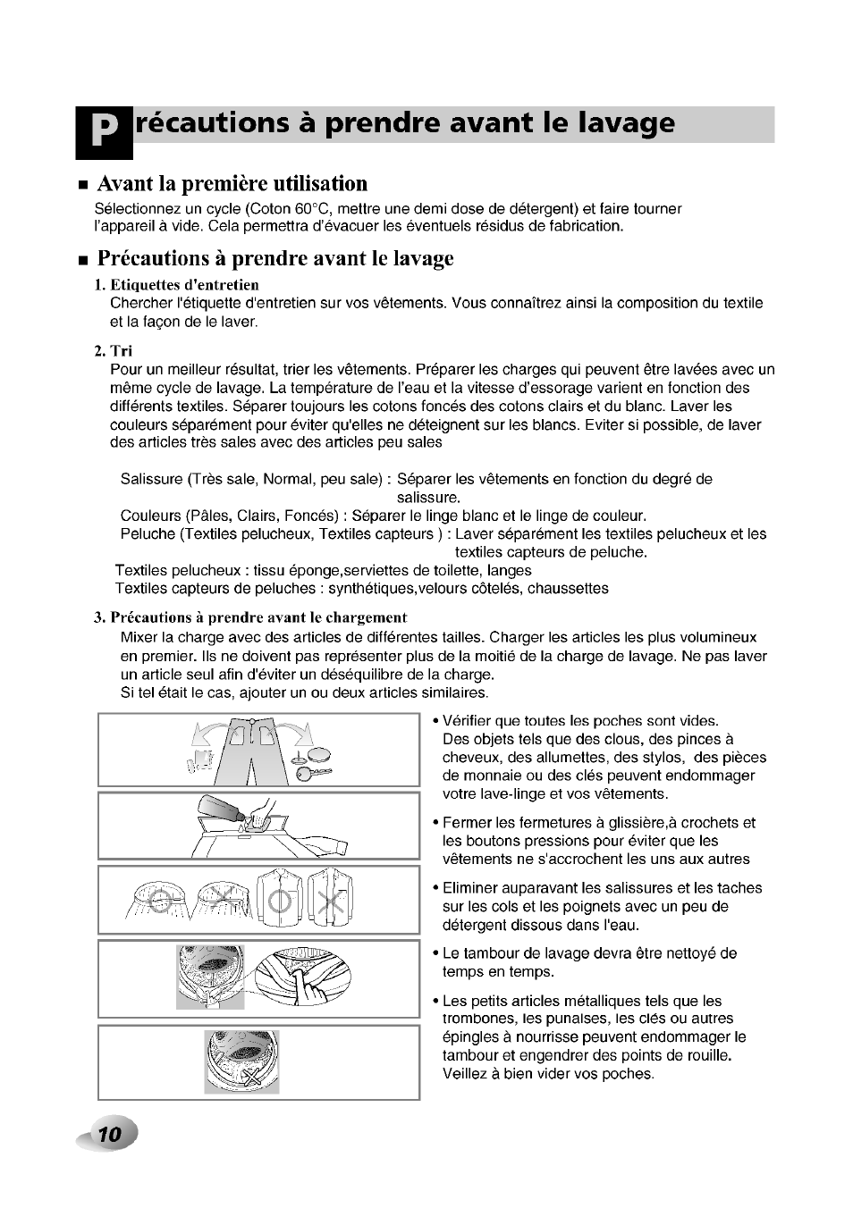 Avant la première utilisation, Précautions à prendre avant le lavage | LG F1492QD1 User Manual | Page 104 / 158